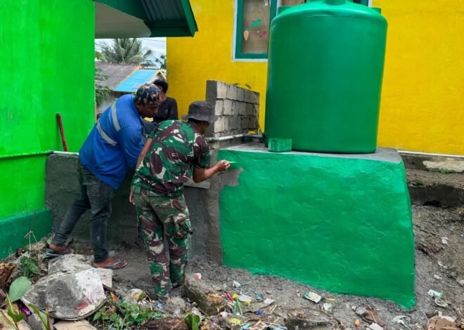 Satgas TMMD Ke-129 Lanjutkan Pengecatan Tandon Air di SDN Umbele Desa Pulau Dua
