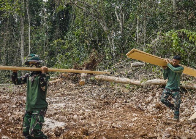 Satgas TMMD Bersama Masyarakat Ambil Material Papan untuk Pekerjaan RTLH