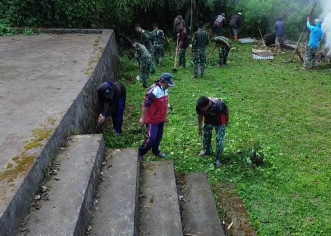 Bahu-Membahu Bersihkan Pura Puseh, Satgas TMMD Ke-129 Kodim 1626/Bangli Perkuat Gotong Royong Warga