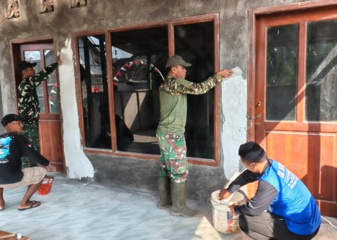 Bahu-Membahu Perindah Tempat Ibadah, Satgas TMMD 129 dan Warga Mulai Plamir Dinding Mushola Desa Tlemang