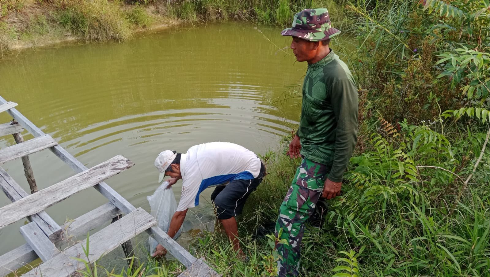 Perkuat Ketahanan Pangan Lokal, Satgas TMMD ke-129 Kodim 1206/Putussibau Bagikan Bibit Ikan ke Warga.