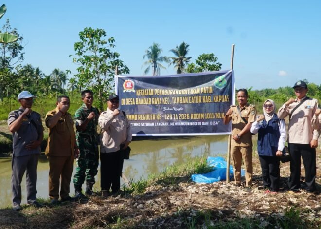Satgas TMMD dan Warga Gotong Royong Tebar Ribuan Bibit Ikan Patin di Desa Bandar Raya